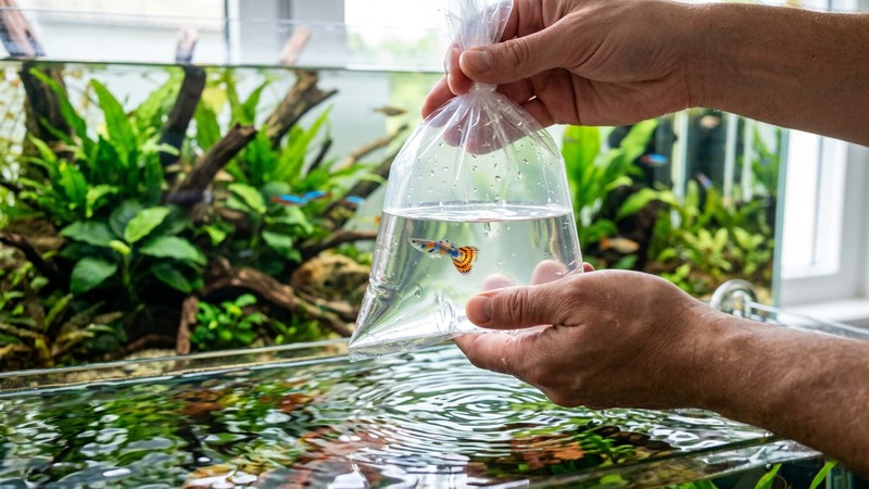 un primer plano de una bolsa de plástico transparente con un pez tropical de colores dentro, sostenida por unas manos sobre el agua de un acuario limpio