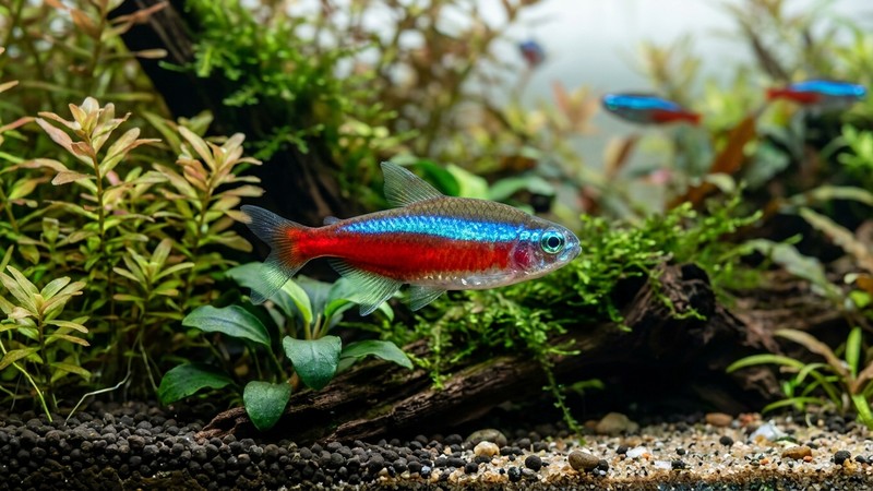 un primer plano de un pez tropical sano y vigoroso nadando tranquilo en el agua limpia y cristalina de un acuario plantado