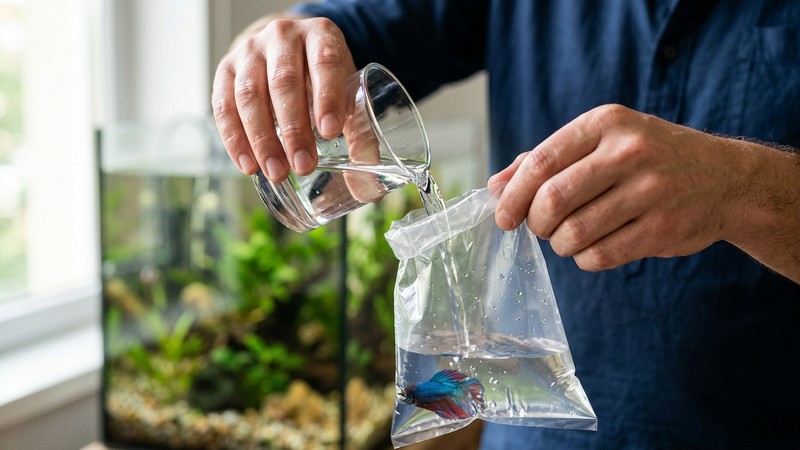 unas manos vertiendo con cuidado un poco de agua de acuario, usando un vasito, dentro de una bolsa abierta que contiene un pez