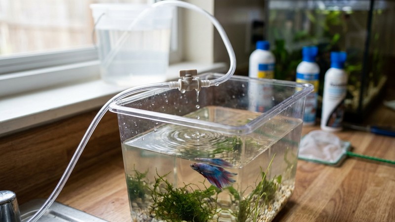 un montaje de goteo casero, con un tubo delgado dejando caer gotas de agua dentro de un recipiente transparente donde nada un pez