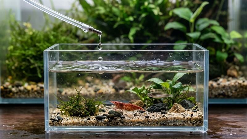 un primer plano de gotas de agua cayendo lentamente desde un tubo fino hacia un recipiente transparente con una gamba y un pequeño pez