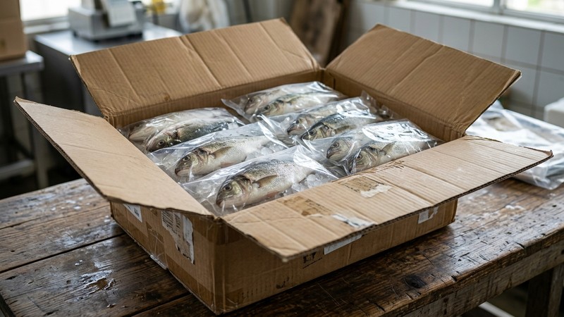 varias bolsas transparentes con peces, selladas y embaladas dentro de una caja de cartón de envío abierta sobre una mesa