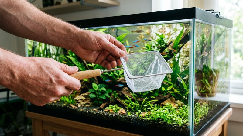 unas manos sosteniendo una pequeña red de acuario limpia, listas junto a un acuario de agua cristalina y plantas sanas