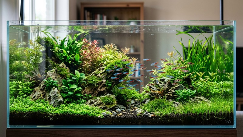 un acuario paisajado precioso visto de frente como un cuadro vivo, con plantas verdes, rocas y un cardumen de peces pequeños entre la vegetación