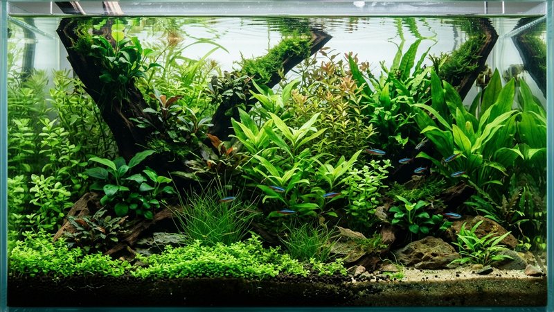 un acuario plantado frondoso con plantas de muchos tonos de verde iluminadas por una luz suave, hojas ondulando en agua muy clara