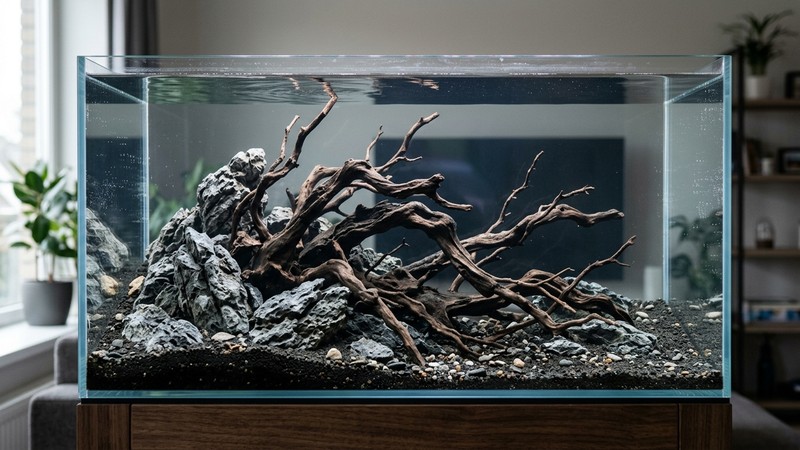 un acuario recién montado con el hardscape colocado, rocas y troncos formando el esqueleto del paisaje sobre sustrato oscuro, sin plantas todavía