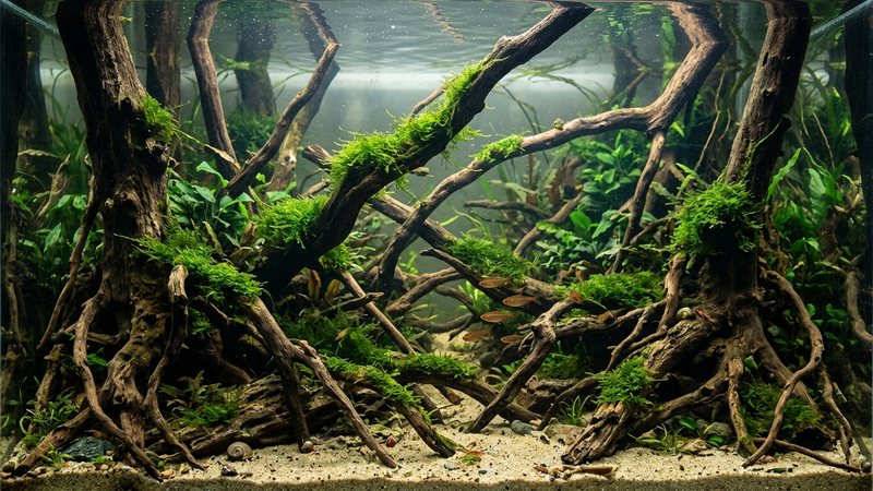 raíces y troncos de acuario que parecen un bosque sumergido, hundidos en la arena con musgo verde empezando a cubrirlos