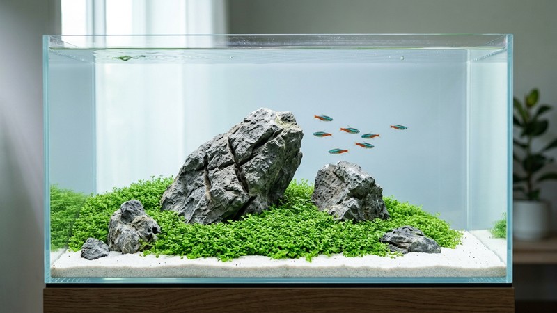 un acuario estilo iwagumi minimalista, con pocas rocas y un tapiz verde bajo y limpio de plantas rastreras sobre arena clara