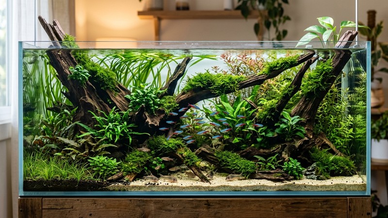 un acuario estilo naturalista con troncos que parecen árboles caídos, plantas de muchas alturas y musgo cubriendo las raíces