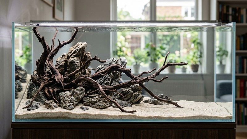 un acuario de hardscape puro compuesto solo con rocas, troncos y arena clara, sin plantas, con agua muy transparente