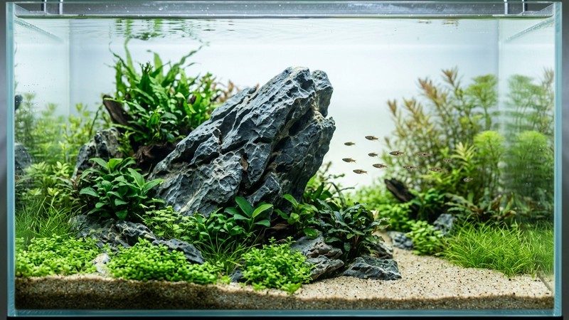 un acuascape con una roca principal grande como punto focal hacia el que viaja la mirada, rodeada de plantas verdes y arena