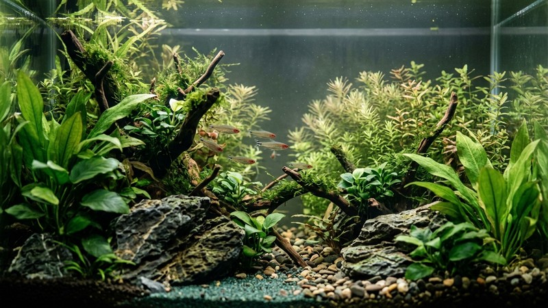 un acuario plantado con profundidad, rocas y plantas grandes en primer plano y hojas finas al fondo que dan sensación de lejanía