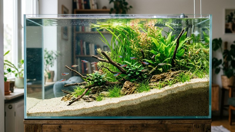 un acuario con el sustrato en pendiente, más bajo delante y más alto atrás, con arena clara al frente y plantas altas al fondo