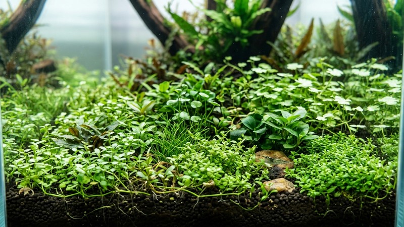 un primer plano de una alfombra de plantas tapizantes verdes muy tupidas creciendo a ras del suelo en el frente de un acuario