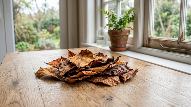 un pequeño montón de hojas secas de almendro indio catappa en reposo sobre una mesa de madera clara, hojas curtidas de tonos ocre y marrón, junto a una ventana con luz suave