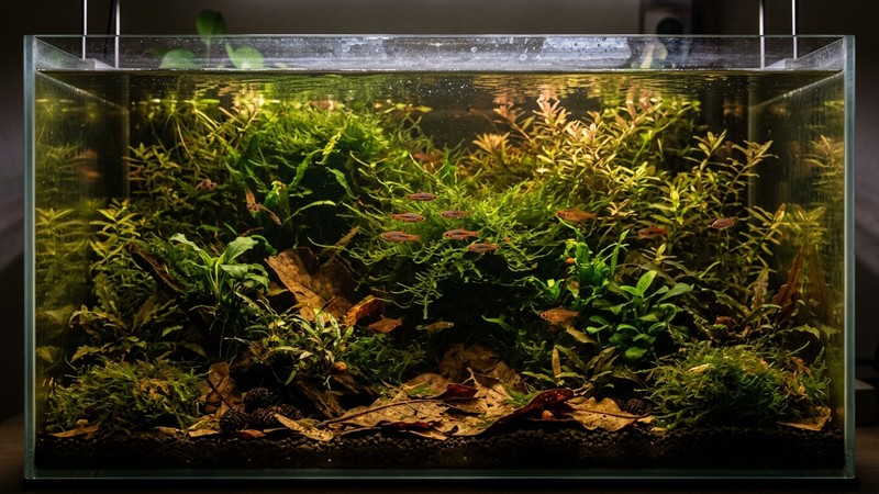 un acuario de cría densamente plantado con musgos y hojas en el fondo, agua ligeramente teñida y penumbra cálida, pequeños peces adultos entre la vegetación