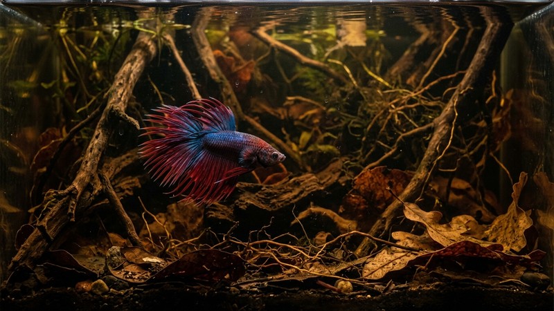 un betta de aletas vistosas nadando tranquilo en un acuario de agua oscura ambarina, con raíces y hojas secas alrededor que le dan refugio, ambiente íntimo y natural