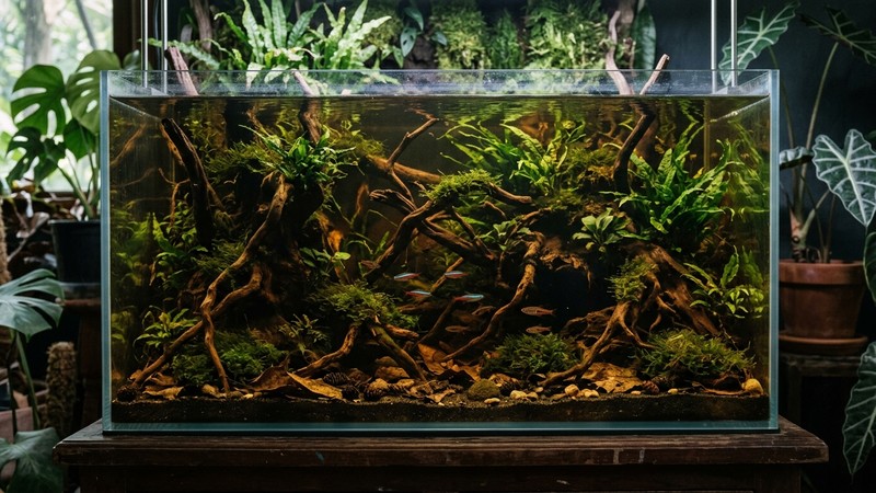 un acuario de aguas negras plantado con musgos, helechos y raíces retorcidas, poca luz tamizada, agua de color ámbar suave y aspecto de rincón de selva