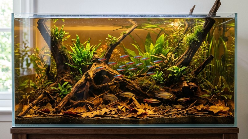 un biotopo amazónico sano y equilibrado en un acuario de agua ámbar, con peces coloridos, madera y hojarasca, todo limpio y armónico, aspecto de hábitat natural cuidado