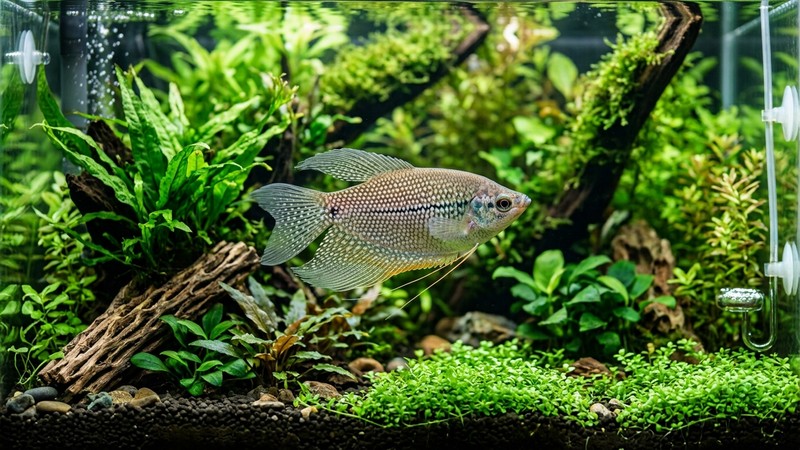 un pez con aletas completas y bien formadas nadando tranquilo en un acuario plantado de agua muy clara