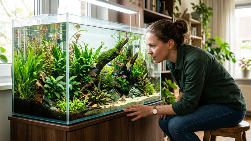 un acuarista observando con atención su acuario limpio y bien iluminado a través del cristal frontal