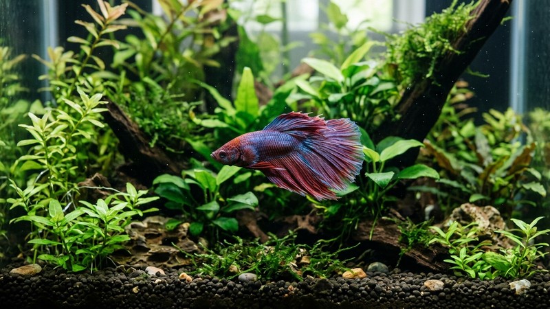 un pez de aletas largas y sanas nadando entre plantas verdes en un acuario cuidado