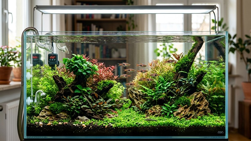 un acuario plantado con pocos peces, agua muy limpia y temperatura estable, ambiente sereno