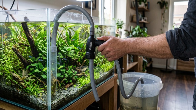 unas manos haciendo un cambio parcial de agua en un acuario con una manguera y un sifón