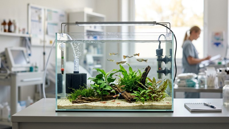 un pequeño acuario hospital limpio con un calentador, un termómetro y un filtro de esponja
