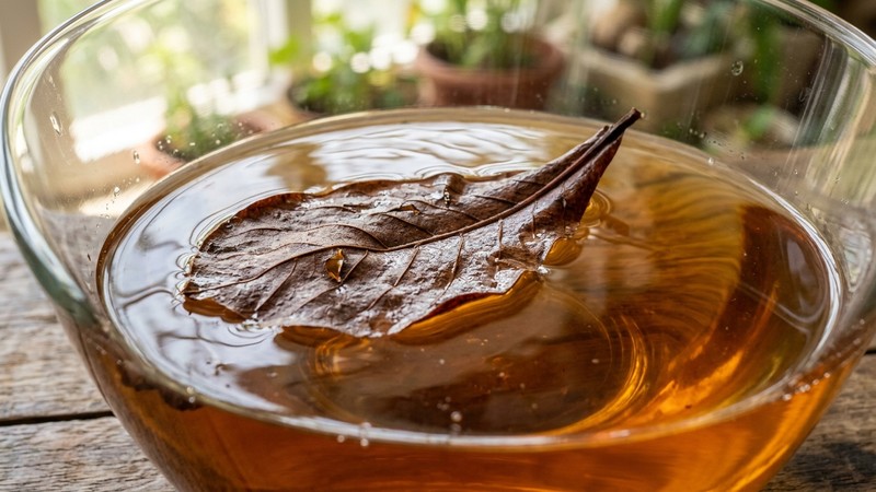 una hoja de almendro de indias flotando en agua teñida de color ámbar suave en un recipiente limpio