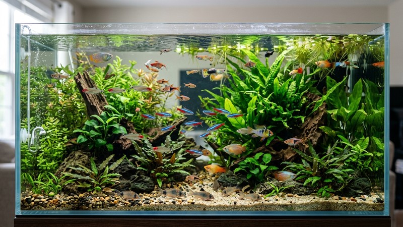 un acuario comunitario sano y equilibrado con varios peces de colores entre plantas verdes