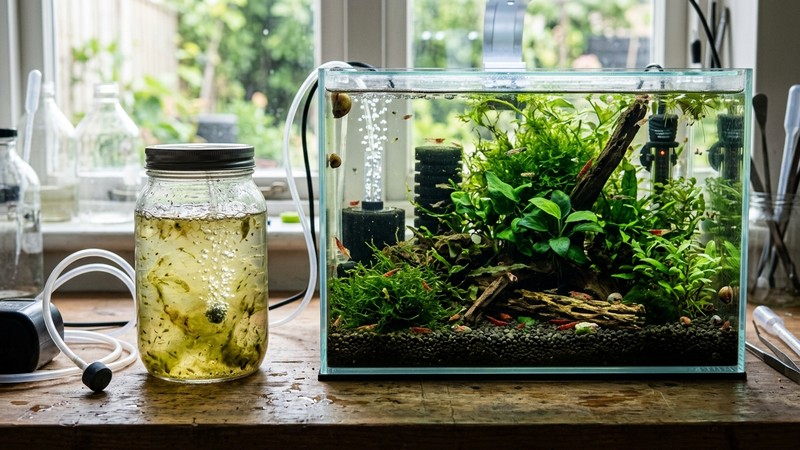 un recipiente con agua de cultivo de microorganismos junto a un acuario de cría