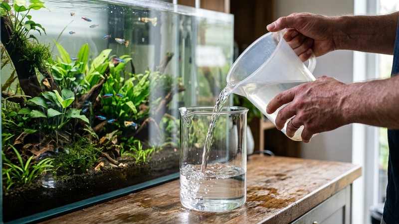 una mano vertiendo agua de acuario en un recipiente limpio