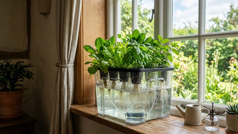 un recipiente de agua de cultivo junto a una ventana con buena luz