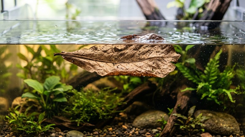 una hoja de almendro de indias seca flotando en el agua de un acuario