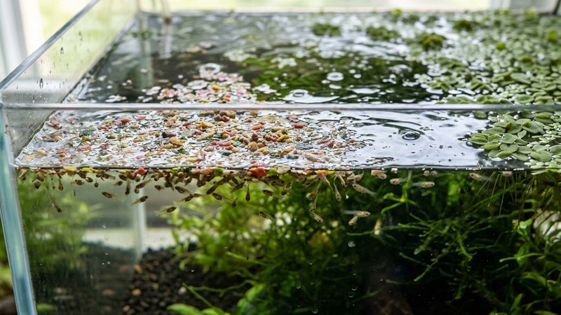 abundante comida flotando sobre la superficie de un acuario de cría con alevines