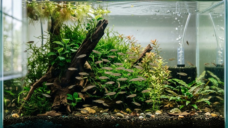 alevines sanos y ya crecidos nadando en un acuario de cría equilibrado