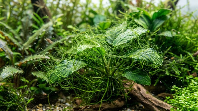 un primer plano de alga filamentosa verde enredada en plantas de un acuario