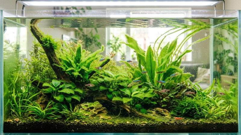 un acuario con exceso de luz y algas verdes empezando a aparecer en las plantas