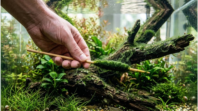una mano retirando alga filamentosa de un tronco de acuario enrollándola en un palito