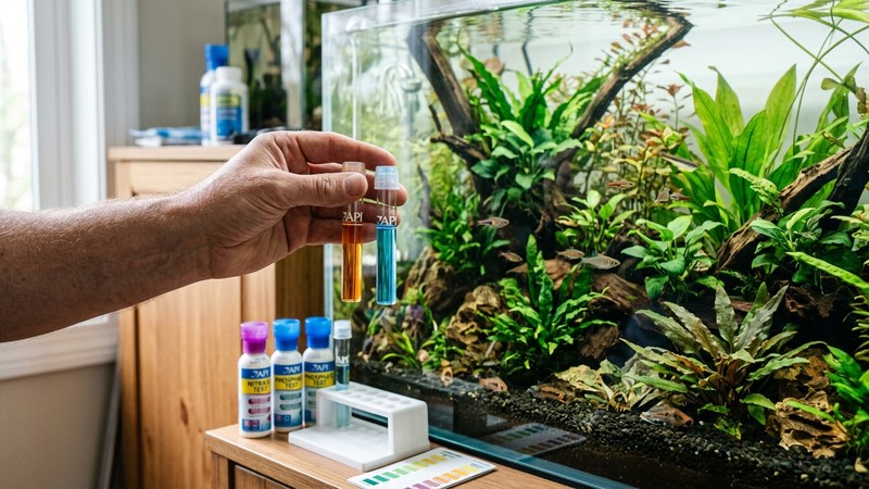 una mano sosteniendo tubos de test de agua junto a un acuario plantado