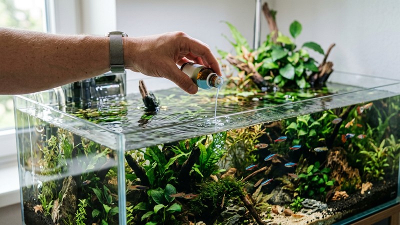 una mano vertiendo con cuidado un producto líquido en un acuario