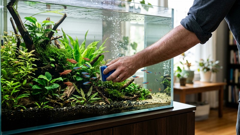 una mano haciendo el mantenimiento regular de un acuario limpio