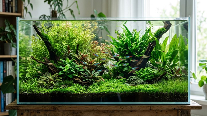 un acuario plantado frondoso con muchas plantas verdes sanas