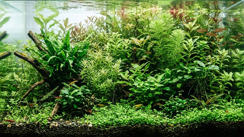 plantas de acuario densas y verdes en agua muy clara