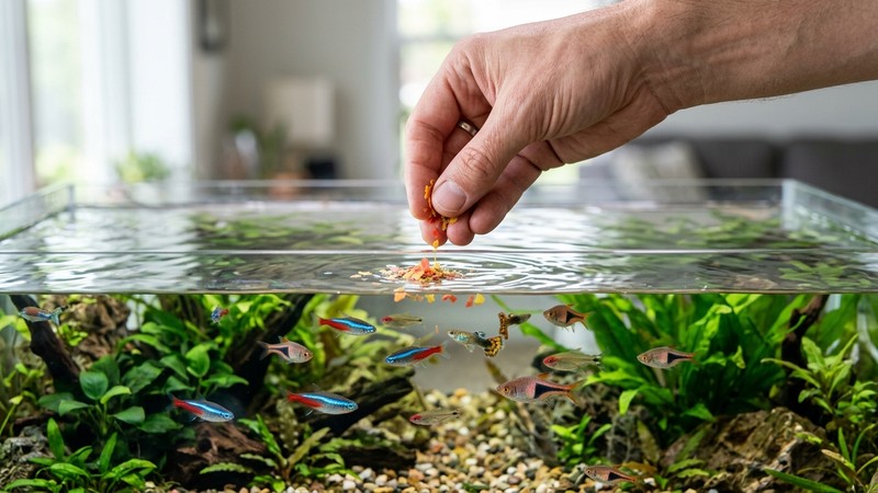 una mano dosificando una pizca muy pequeña de comida en escama sobre la superficie de un acuario limpio con peces sanos abajo