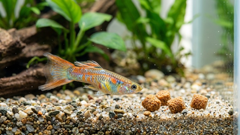 un pez pequeño y sano junto a unos pocos gránulos de alimento en un acuario cristalino, primer plano