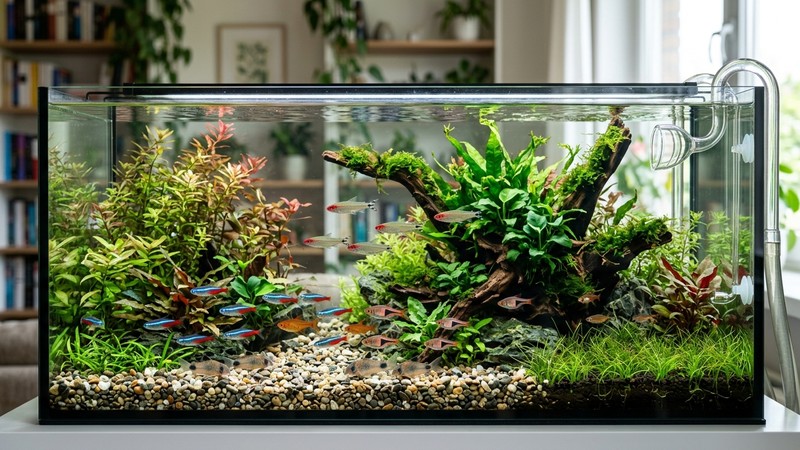 un acuario plantado impecable de agua totalmente cristalina con grava limpia y peces vigorosos, sin restos de comida