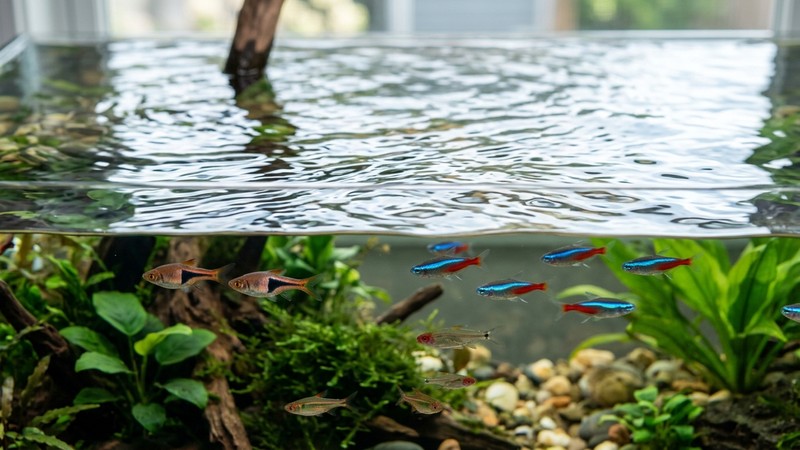 la superficie limpia y brillante del agua de un acuario sano vista muy de cerca, sin película grasa, con peces nadando debajo