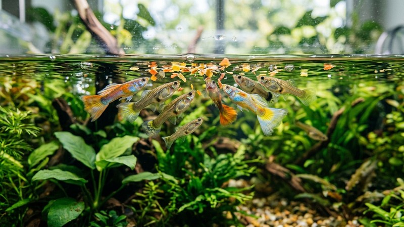 varios peces pequeños tipo guppy comiendo escamas que flotan en la superficie de un acuario plantado y limpio